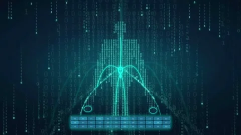 Digital Human Silhouette Formed by Binary Code Data Stream on Dark Blue Stockbeeldmateriaal 341814838