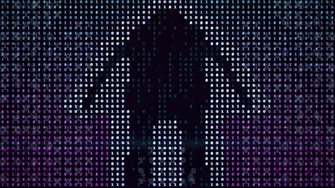 Digital human silhouette formed by glowing binary code on a dark purple Stock-Footage 343154002