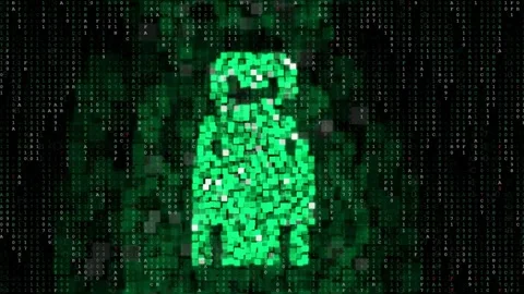 Digital human silhouette formed by green binary code particles on a dark Stock Footage 341833153