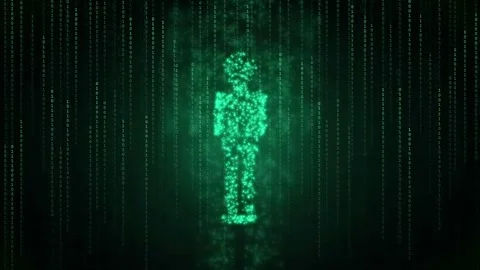 Digital human silhouette forming from falling green binary code on a black Stock Footage 341833833