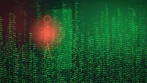 Digital human silhouette glowing red amidst falling green binary code and data Stock Footage 341834274