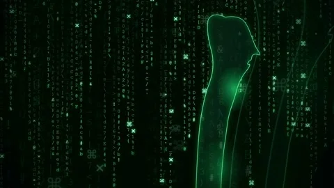 Digital human silhouette profile with falling green binary code matrix 스톡 동영상 341829076