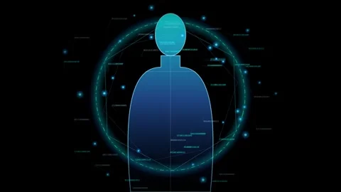 Digital human silhouette profile icon glowing with orbiting binary code dat.. Stockbeeldmateriaal 345276991