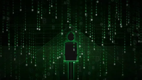 Digital human silhouette standing in a falling stream of green binary code data Stock Footage 341830812
