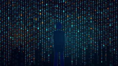 Digital Human Silhouette Standing in a Matrix of Falling Blue and Orange Data Stock Footage 336777734