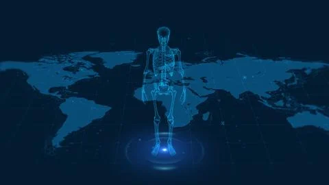 Digital Human Skeleton Overlay on World Map in Futuristic Blue Stock Illustration
