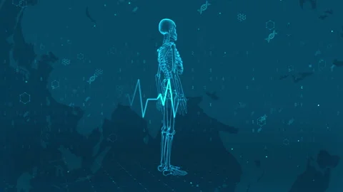 Digital Human Skeleton on Technology Background with DNA Elements and Heart.. Stock Footage 339122717