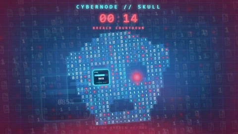 Digital Human Skull Interface with Countdown Timer and Binary Code Data Stream Stock-Footage 343170085