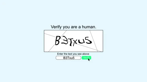 Digital human verification interface with CAPTCHA challenge, input field, cursor Stock Footage 340558070