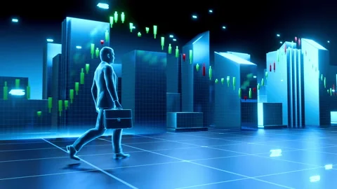 Digital Human Walking in Virtual Financial Market Stock Footage 265059856