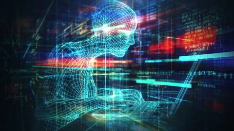 Digital human working on laptop with abstract data stream background Stock Footage 311969993