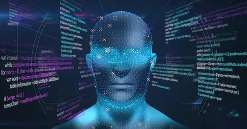 Digital humanoid bust projecting code panels during boot in AR, mapping pixel Foto stock