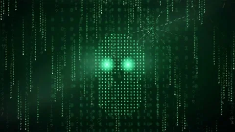 Digital Humanoid Silhouette Emerging from Green Matrix Code Stream with Glowing Stock Footage 341827101