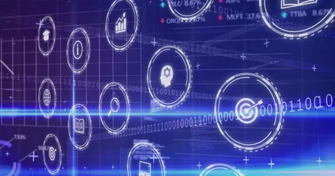 Digital icons and binary code animation over blue technological background Video stock 303419775