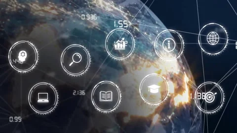 Digital icons and data processing animation over Earth from space Stock Footage 303616545