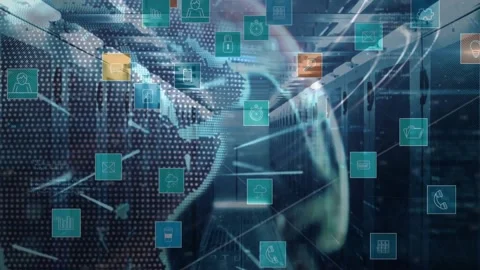 Digital icons and data processing animation over diverse people in office Stock Footage 330776635