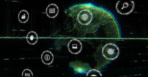Digital icons and data processing image over globe with glitch effects 库存照片