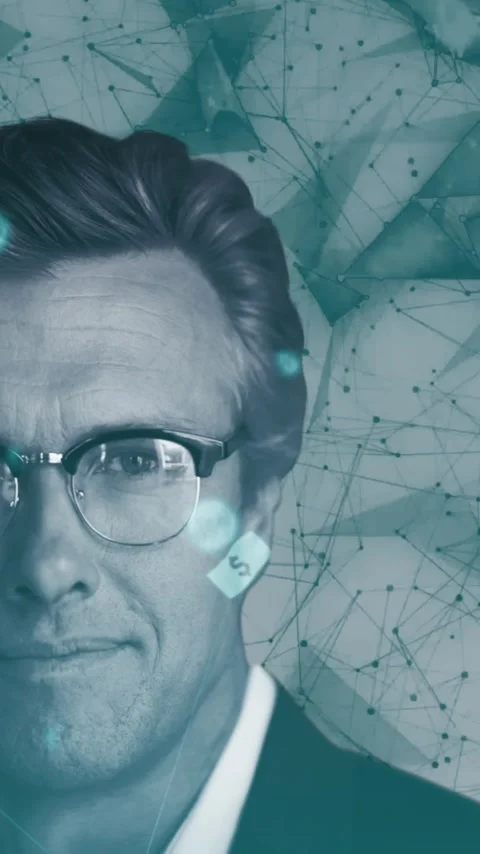 Digital icons and globe of network of connections against man smiling Stock Footage 348375319