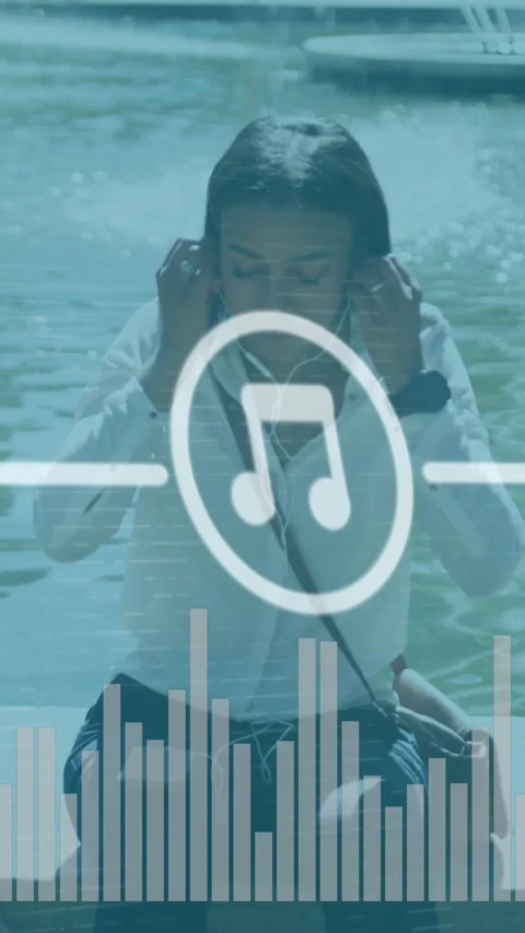 Digital icons and music equalizer against woman wearing earphones listening to Stock Footage 331719824