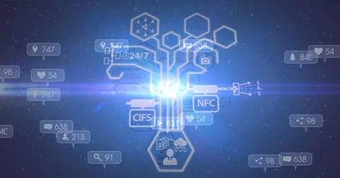 Digital icons and numbers float against a blue background with light rays Foto stock