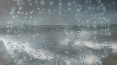 Digital icons emerging from ocean edges coalescing into rotating vortex forming Stock Footage 311085014