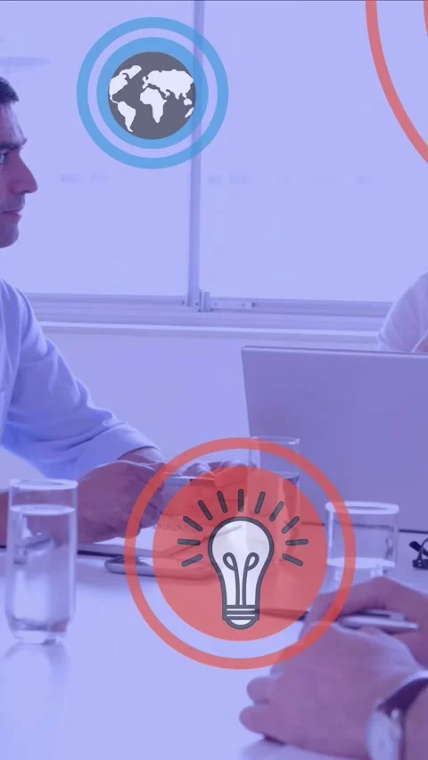 Digital icons floating against team of businesspeople discussing together in a Stock Footage 343738680