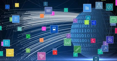 Digital icons floating over binary code and globe, representing global Stock-Fotos
