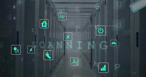 Digital icons floating in server room, showing tech symbols Stock Photos