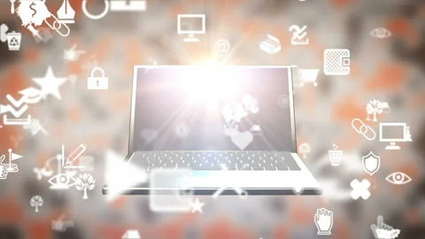 Digital icons flying from laptop, computer world with internet, shining light Stock Footage 115179677