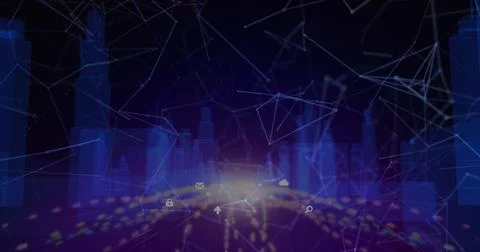 Digital icons moving over 3D city model against network of connections Illustrazione stock