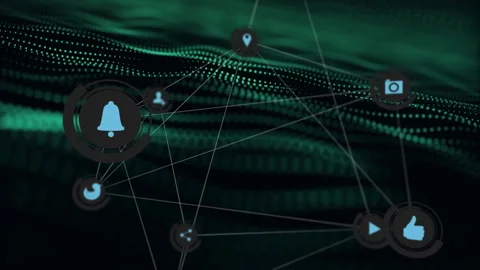 Digital icons network connecting over green wave pattern in animation style Stock Footage 304203494