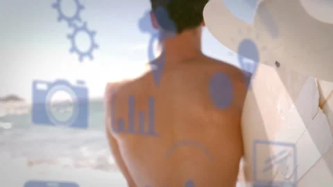 Digital icons overlaying scene, man relaxing at beach with animation elements Stock Footage 304078043