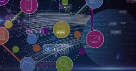 Digital icons representing technology, data floating across dark starry Stock Photos