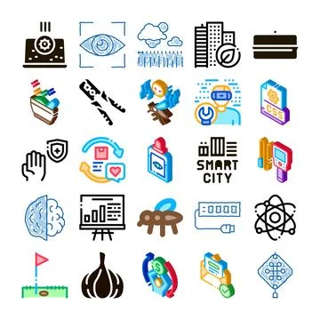 Digital icons representing technology, science, health, and smart urban livin Stock Illustration