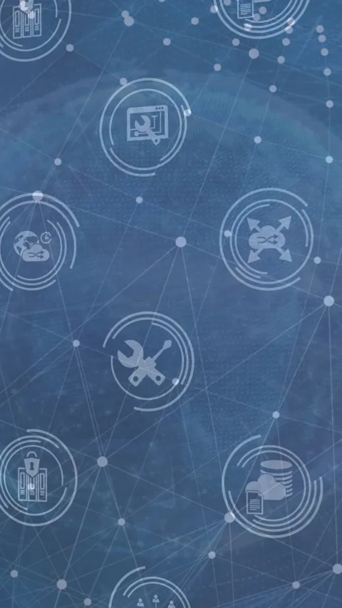 Digital icons in seamless pattern over globe of network of connections against Stock Footage 322954792