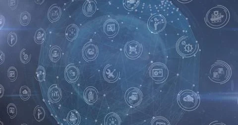 Digital icons in seamless pattern over globe of network of connections agai.. Stock Photos