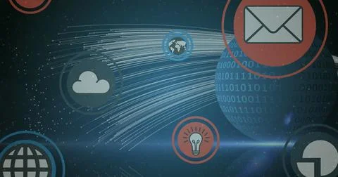 Digital icons showcasing communication, cloud storage, and global connectivity Stock Photos