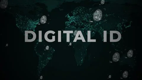 Digital ID Text Typography Over The Global World Map And Fingerprints. Stock Illustration