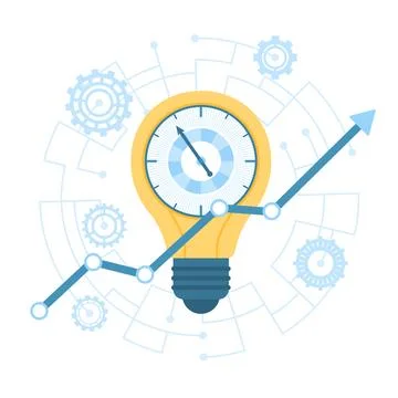Digital ideas research, light bulb with timer and arrow up inside conceptual Stock Illustration