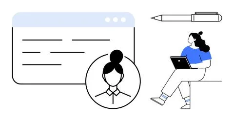 Digital Identity and Remote Work Person on Laptop with Profile Icon and Pen Stock Illustration