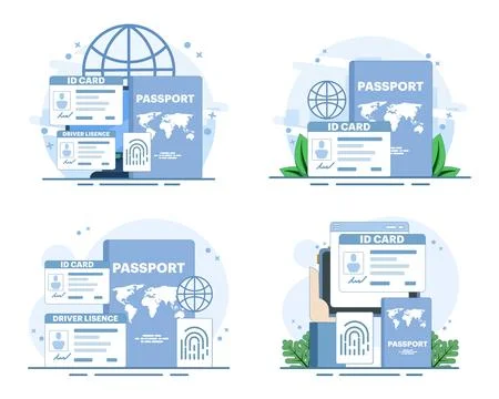 Digital identity set, smart ID cards, electronic passport, driver license. Stock Illustration