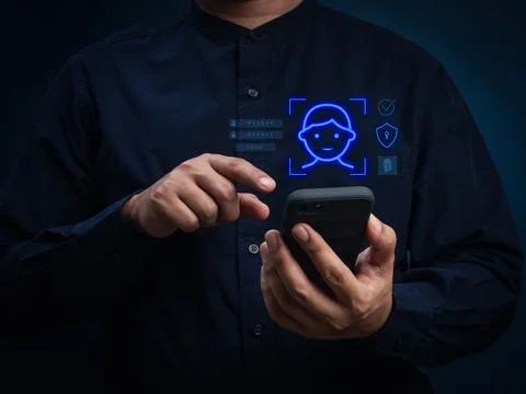 Digital identity verification concept featuring mobile face recognition and.. Stock Photos