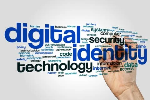 Digital identity word cloud concept on grey background 스톡 사진