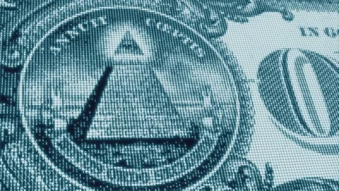 Digital Illuminati Eye Pyramid on 100 Dollars Bill Macro. Symbol of Secret Stock Footage 319018964