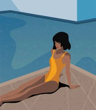 Digital illustration beautiful girl in a yellow swimsuit resting and swimming in Stock Illustration