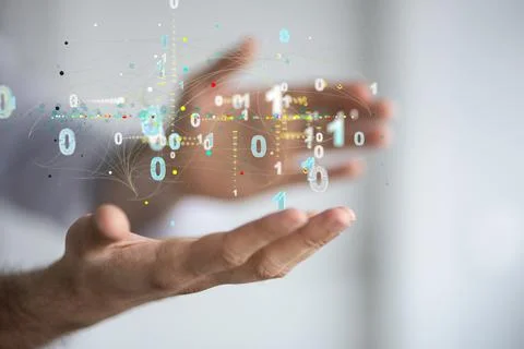 Digital illustration of the binary code in the hands - big data concept Stock Photos