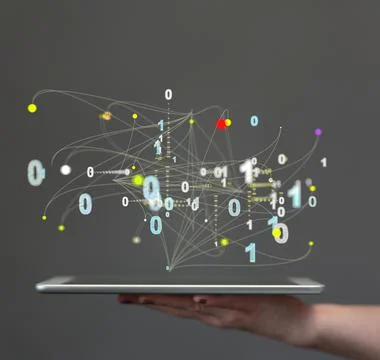 Digital illustration of the binary code on the tablet - big data concept 스톡 사진