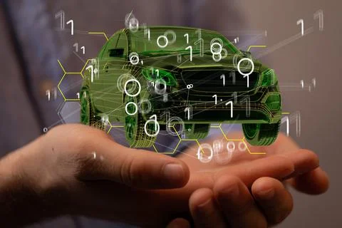 Digital illustration of car and binary code in hands Foto stock