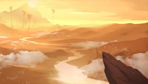 Digital illustration of cartoon fantasy landscape environment with sunset Stock Illustration