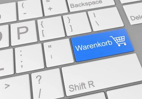 A digital illustration of a computer keyboard with a blue button for an onlin Illustrazione stock